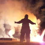 Fireworks crew member in action